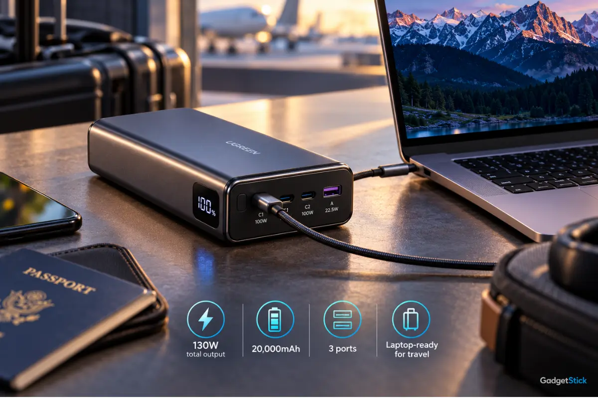 UGREEN Nexode 20000mAh 130W power bank charging a laptop in a travel setup