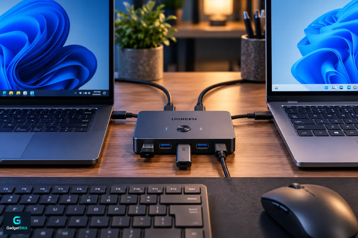 UGREEN USB sharing switch connected between two computers as a Mouse Without Borders hardware alternative
