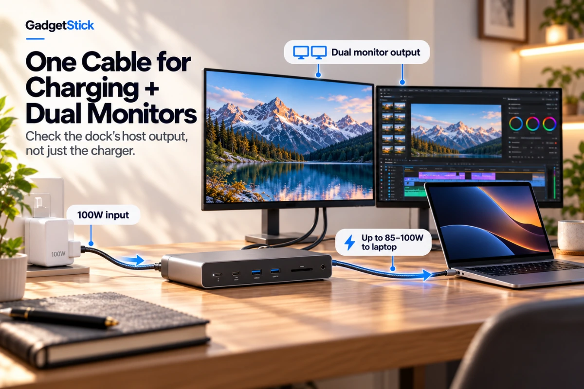 USB-C docking station showing one cable laptop charging with two external monitors