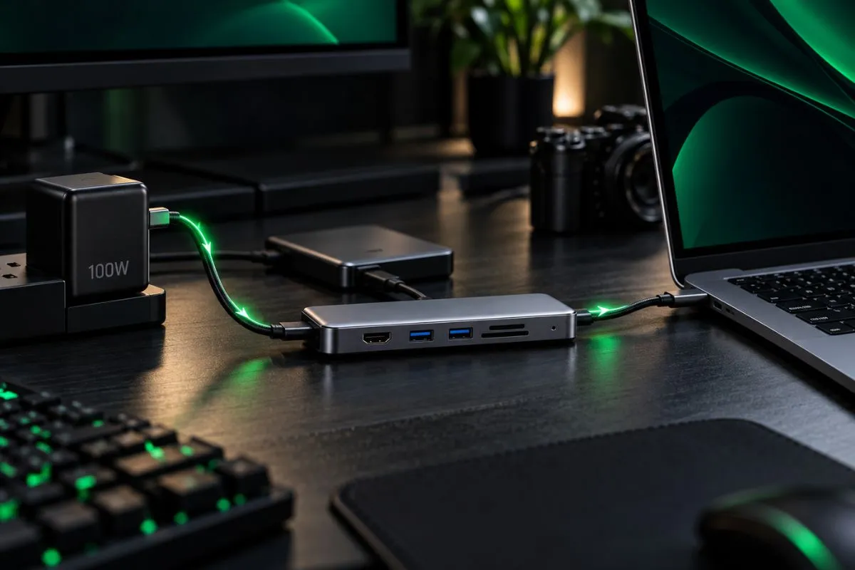 100W USB-C charger connected through a hub showing lower host charging output to a laptop