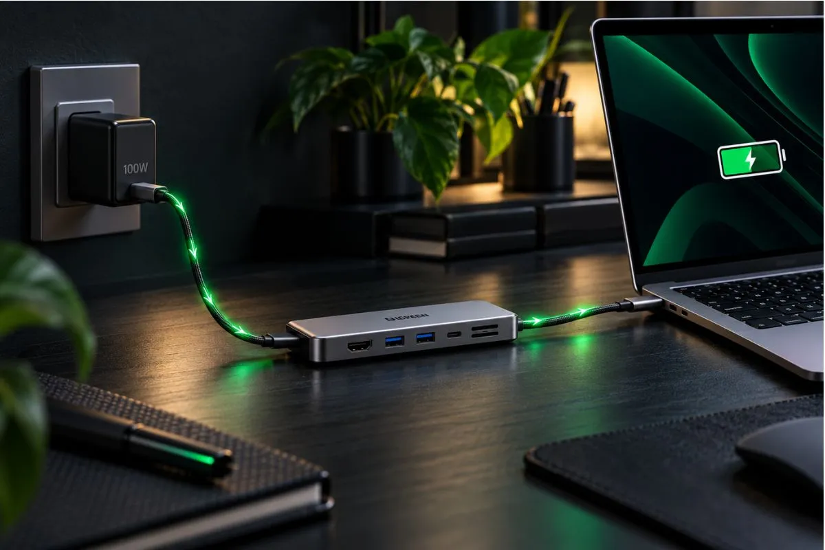 USB-C charger connected through a hub to a laptop showing the charging power path