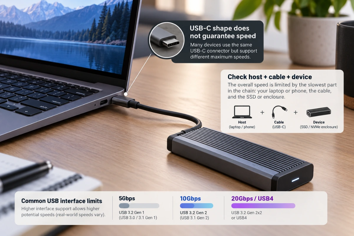 USB-C laptop and external SSD showing host cable and device speed limitations