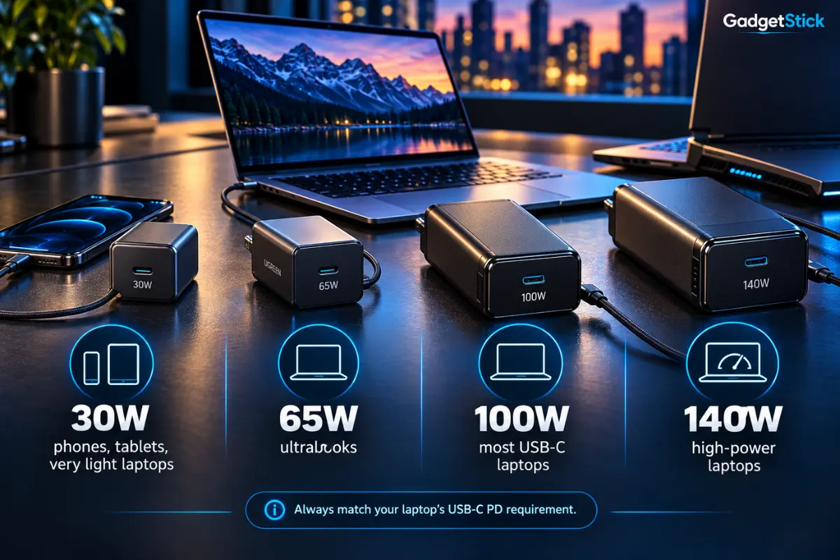 USB-C laptop charging wattage guide showing 30W 65W 100W and 140W charging tiers