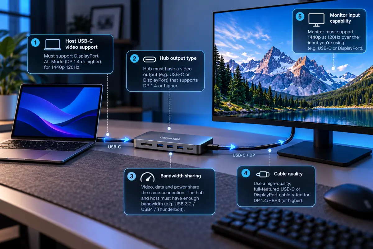 Illustrated USB-C hub connection showing host video support, output capability, cable and monitor compatibility