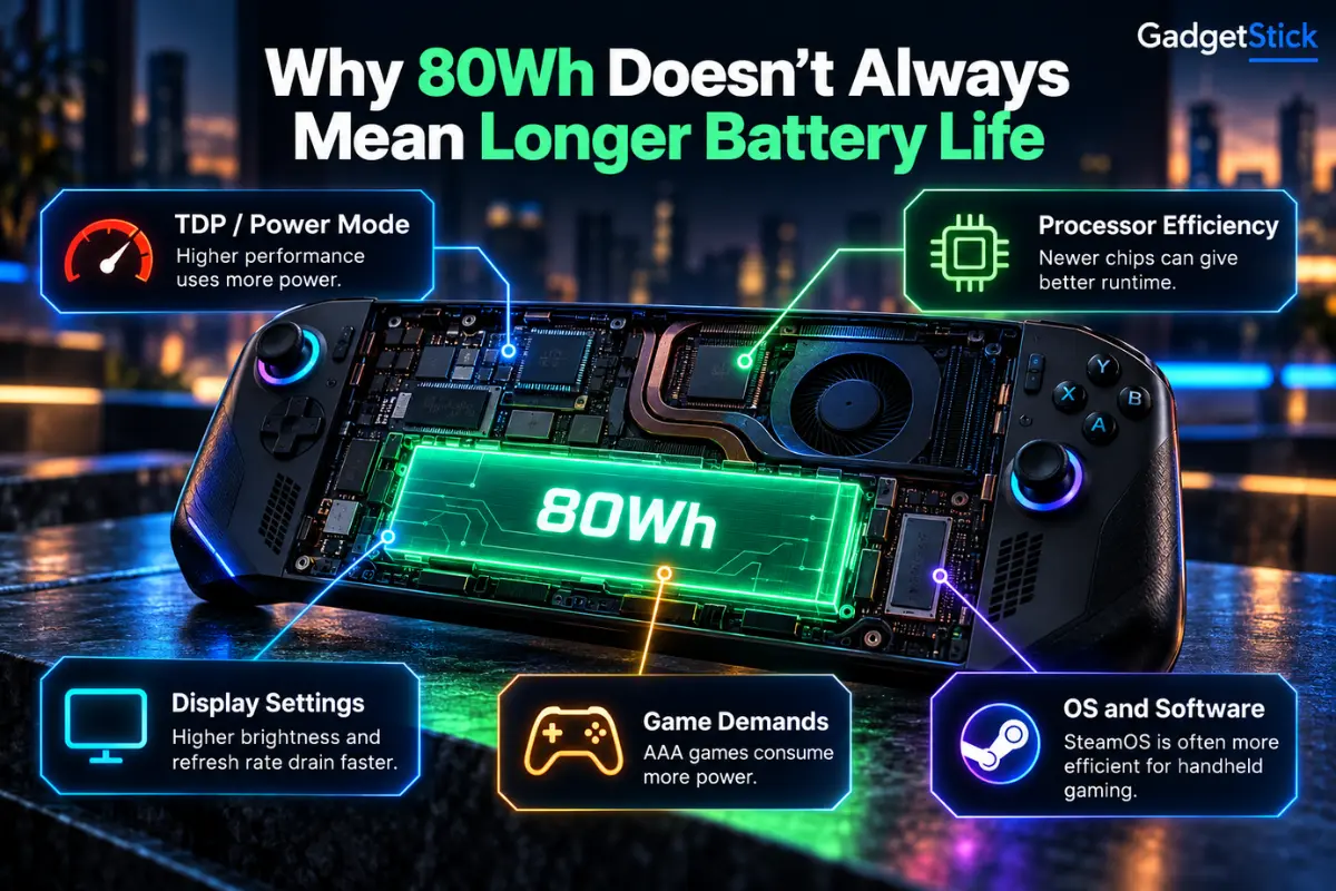 Handheld gaming PC showing how TDP, processor efficiency, display settings, games and software affect battery life