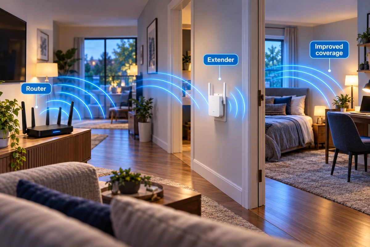 Wi-Fi router and extender positioned to improve wireless coverage in a nearby bedroom