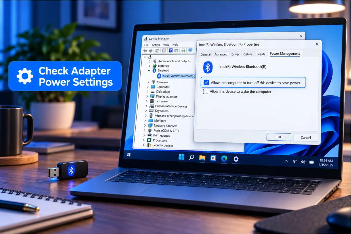 Illustrative Device Manager Bluetooth adapter Power Management tab in Windows 11