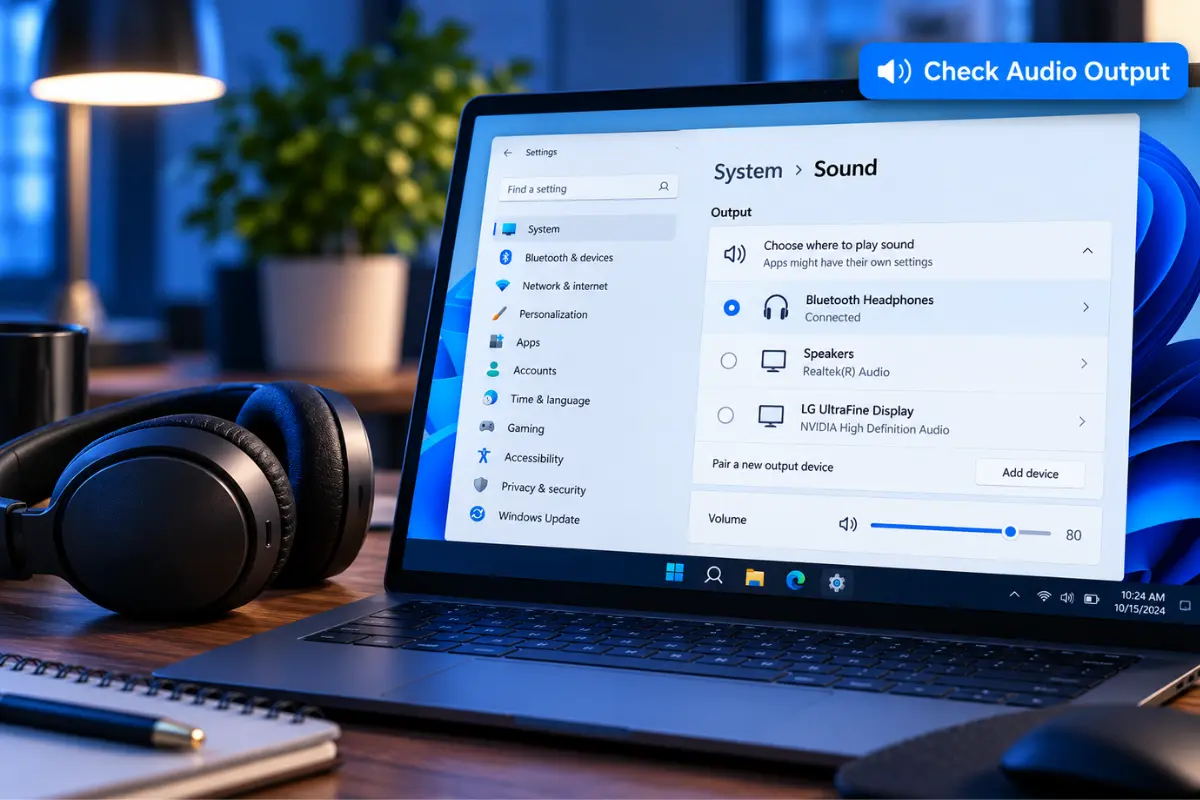 Illustrative Windows 11 Sound settings with Bluetooth headphones selected as audio output