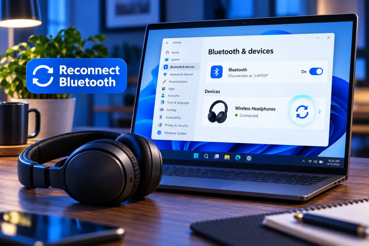 Illustrative Windows 11 Bluetooth settings showing connected headphones and a reconnect symbol
