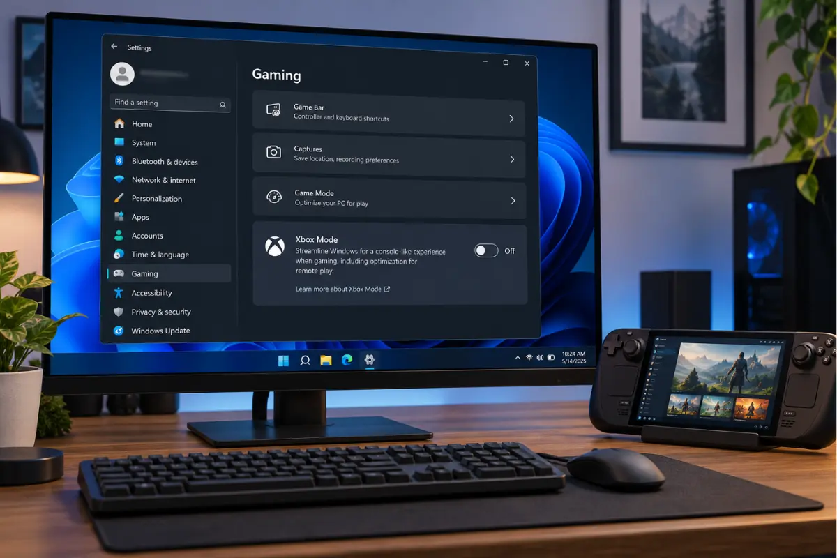 Illustrated Windows 11 Xbox Mode setting turned off on a gaming PC used for Steam Deck Remote Play