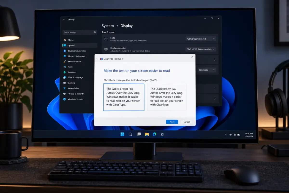 Illustrative Windows 11 ClearType Text Tuner and display scaling settings on a monitor
