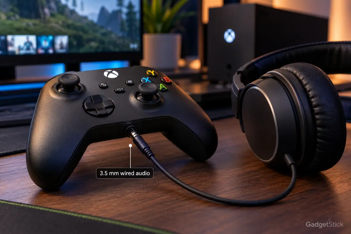Xbox controller connected to over-ear headphones with a 3.5mm audio cable.