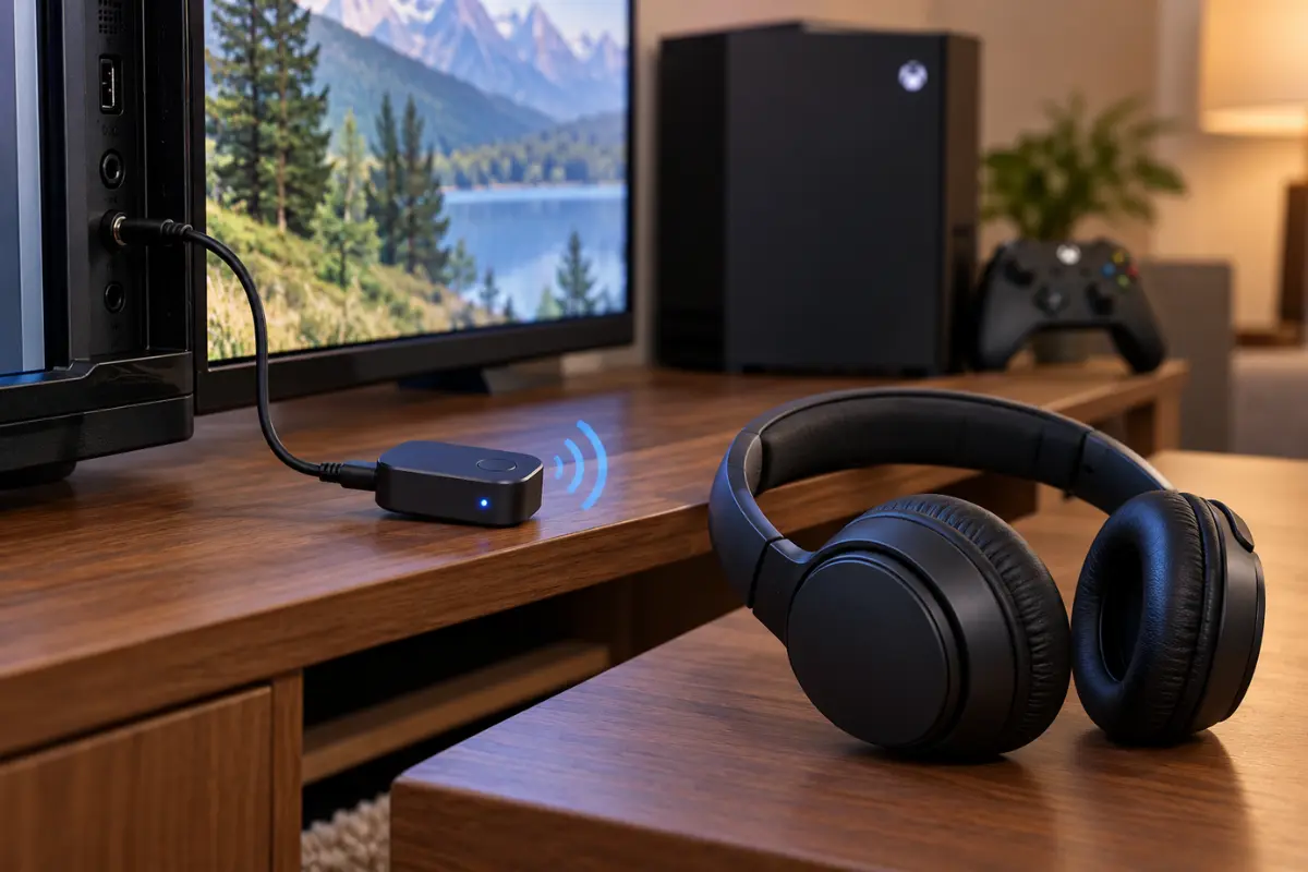 Bluetooth audio transmitter connected to a TV headphone output to send Xbox game sound to wireless headphones.